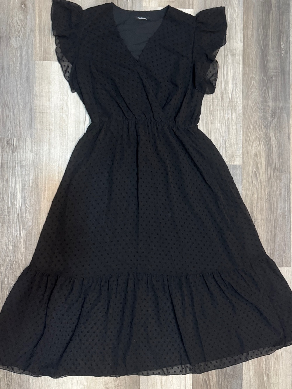 Elegant Black Swiss Dot Ruffle Midi Dress